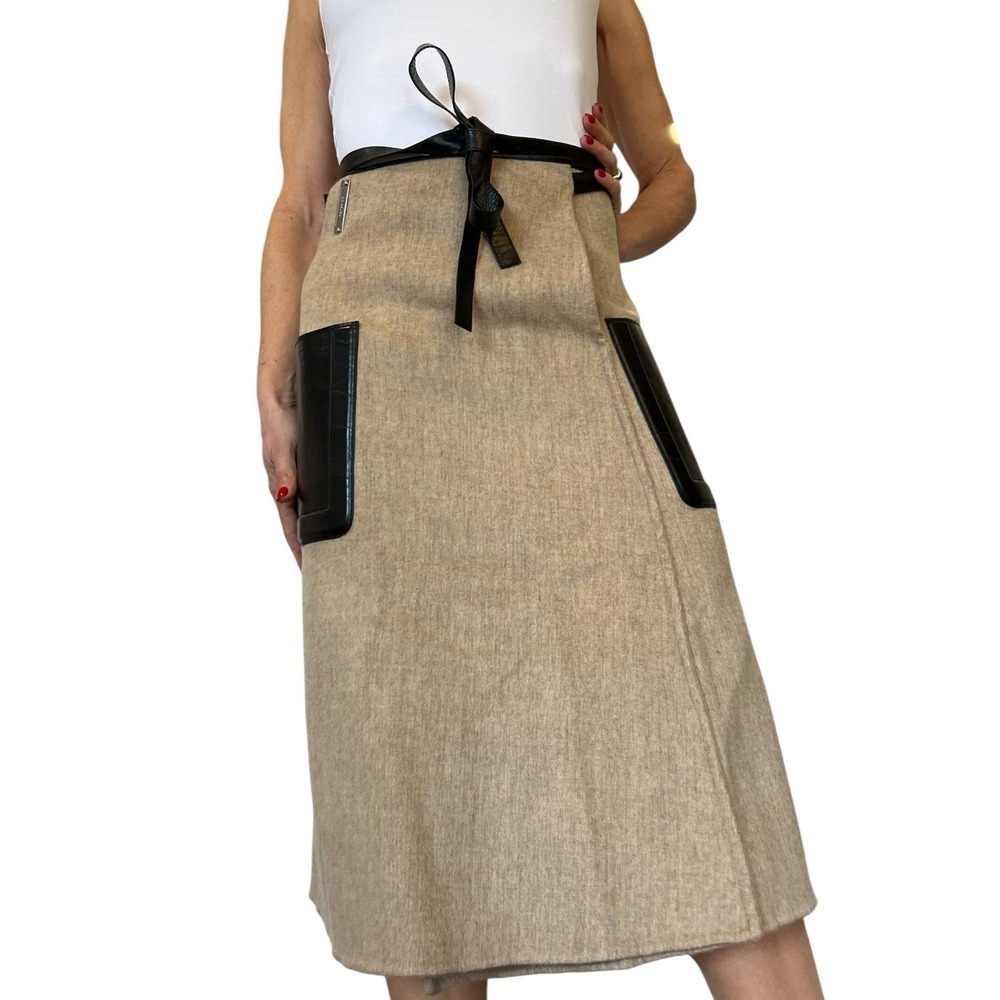 PETER DO Double-face Wool Belted Wrap Midi Skirt Leather Trim Light Camel 38 6 - Picture 5 of 16